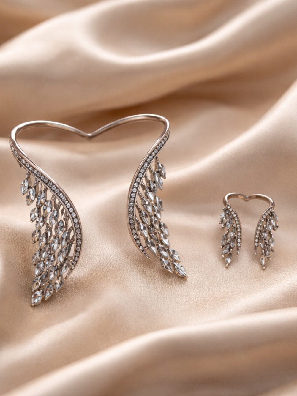 Crystal Wing Drop Ring  and Cuff Set - Silver